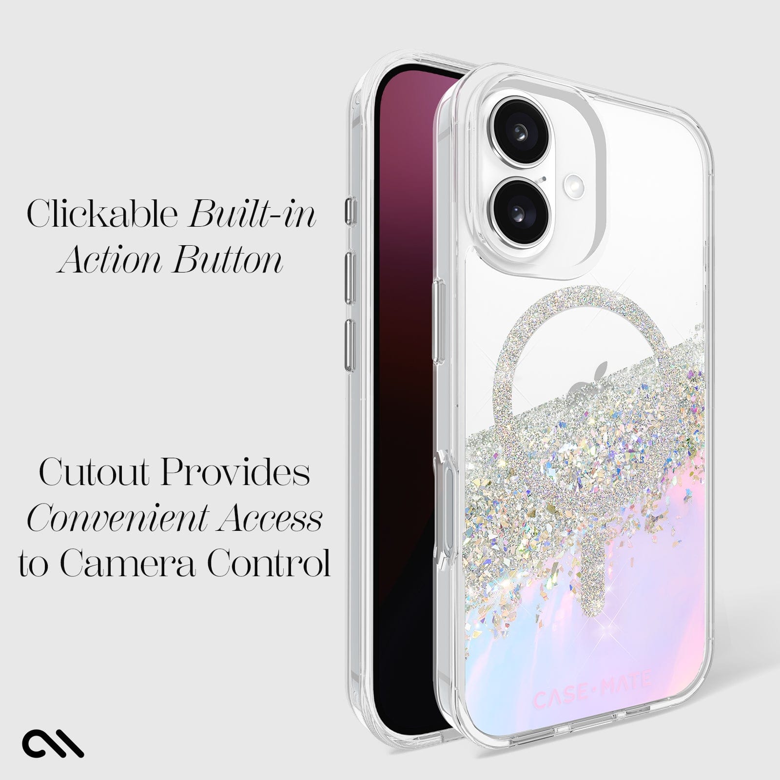 CLICKABLE BUILT-IN ACTION BUTTON. CUTOUT PROVIDES CONVENIENT ACCESS TO CAMERA CONTROL