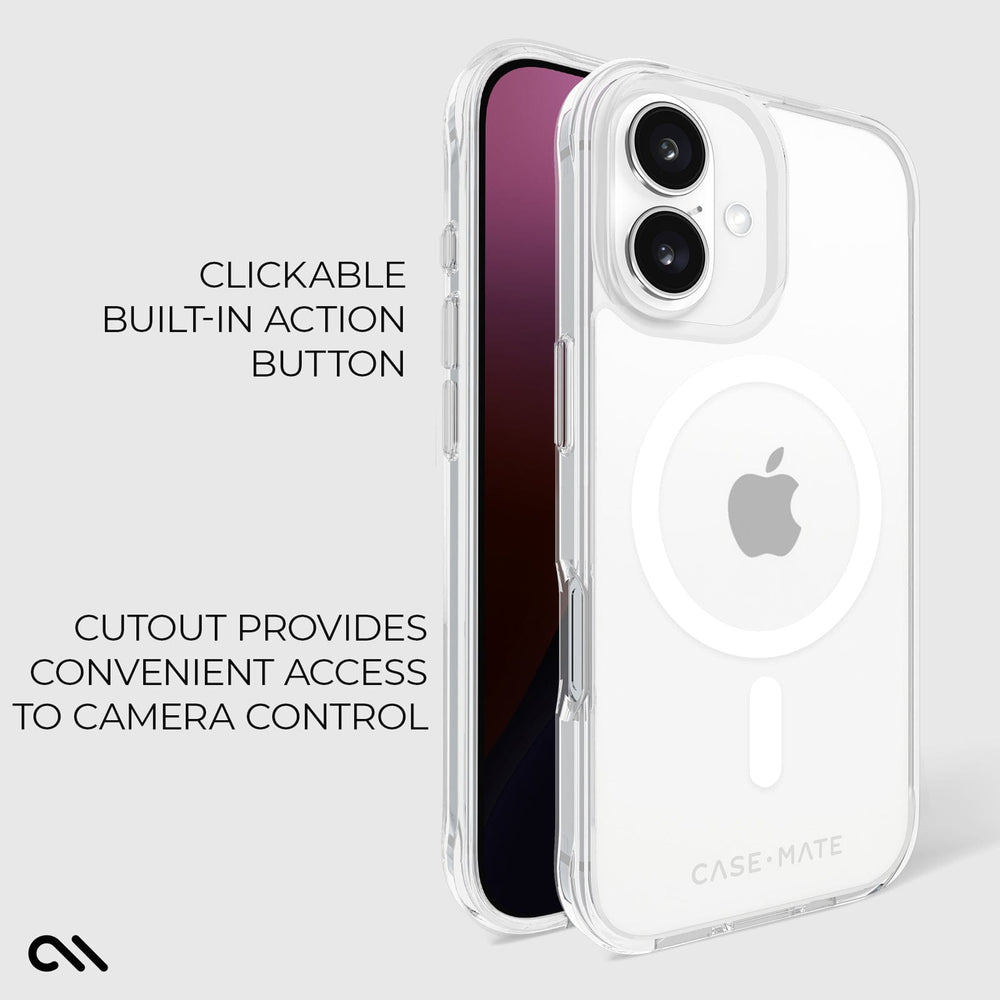CLICKABLE BUILT-IN ACTION BUTTON. CUTOUT PROVIDES CONVENIENT ACCESS TO CAMERA CONTROL
