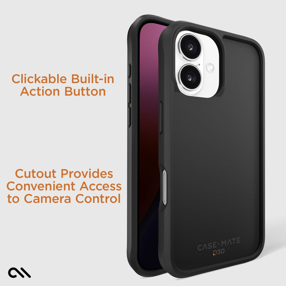 CLICKABLE BUILT-IN ACTION BUTTON. CUTOUT PROVIDES CONVENIENT ACCESS TO CAMERA CONTROL
