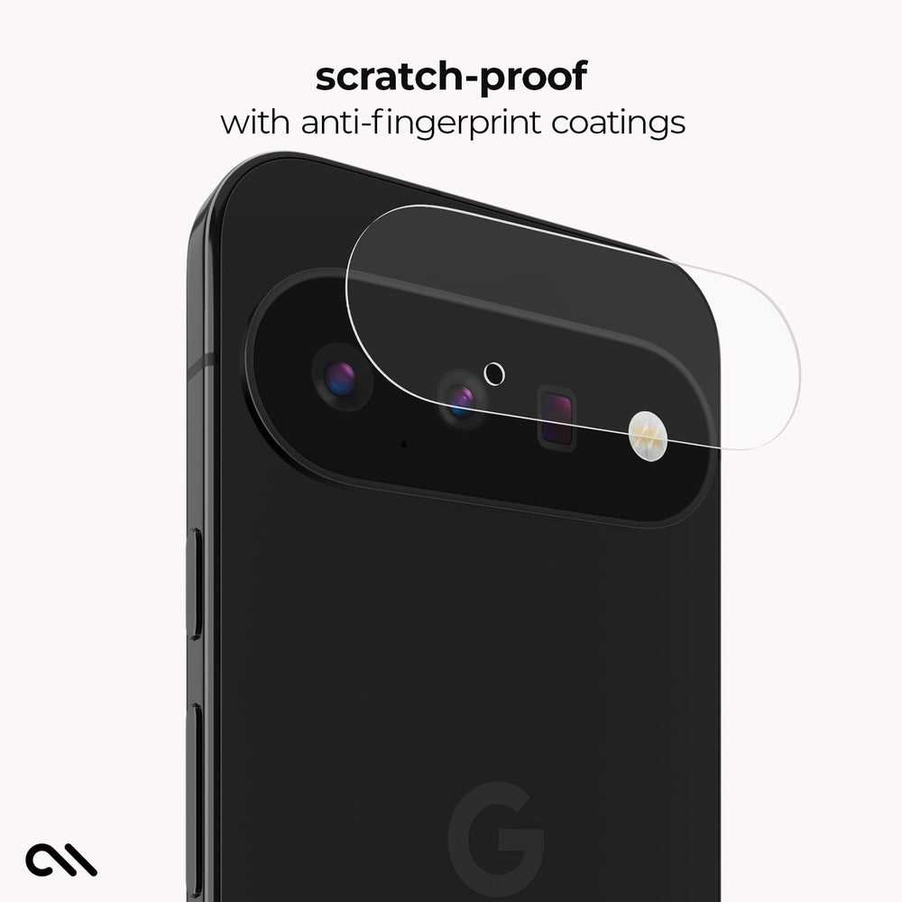 A black smartphone shown from the back with a transparent screen protector overlay and text reading 'scratch-proof with anti-fingerprint coatings' on a light gray background.