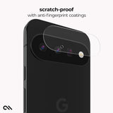 A black smartphone shown from the back with a transparent screen protector overlay and text reading 'scratch-proof with anti-fingerprint coatings' on a light gray background.
