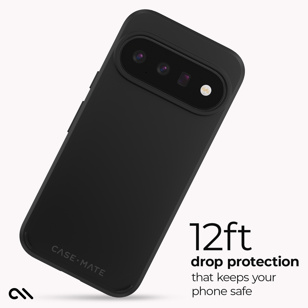 A black CASE-MATE phone case shown at an angle on a light gray background, with text on the right reading '12ft drop protection that keeps your phone safe'.