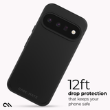 A black CASE-MATE phone case shown at an angle on a light gray background, with text on the right reading '12ft drop protection that keeps your phone safe'.