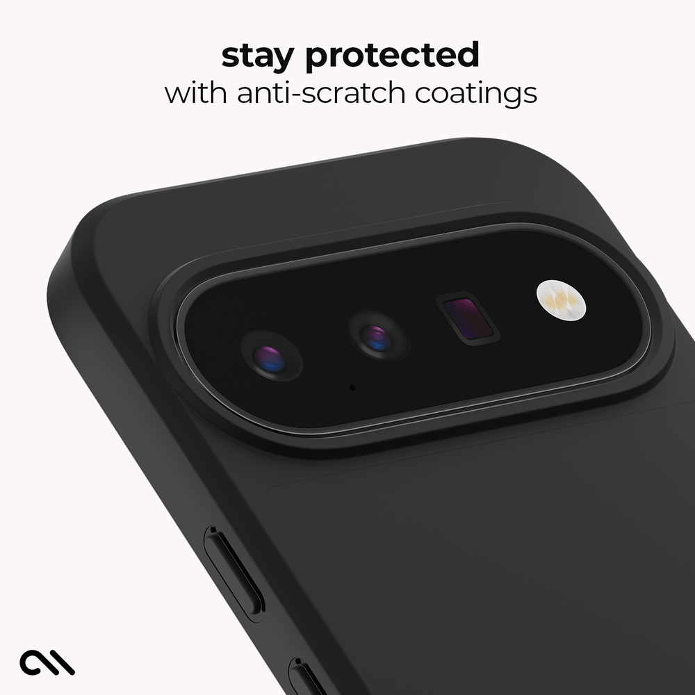 A close-up of a black phone case with a raised camera surround and the text 'stay protected with anti-scratch coatings' above it, on a light gray background.
