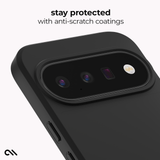 A close-up of a black phone case with a raised camera surround and the text 'stay protected with anti-scratch coatings' above it, on a light gray background.