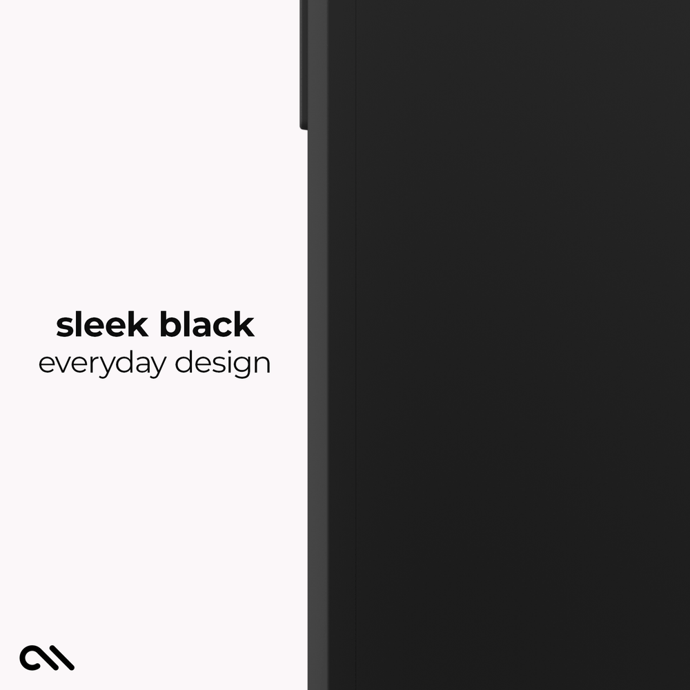 A minimalist product color swatch showing a black device edge against a split white and black background with the text 'sleek black everyday design' and a small stylized logo at the bottom left.