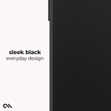 A minimalist product color swatch showing a black device edge against a split white and black background with the text 'sleek black everyday design' and a small stylized logo at the bottom left.
