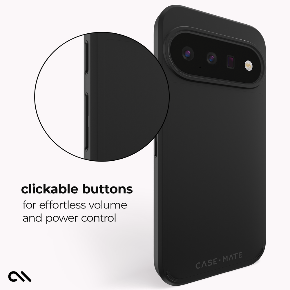 Black Case-Mate phone case shown on a light gray background with a circular inset highlighting a clickable button detail and text reading 'clickable buttons for effortless volume and power control.'.