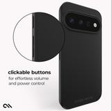 Black Case-Mate phone case shown on a light gray background with a circular inset highlighting a clickable button detail and text reading 'clickable buttons for effortless volume and power control.'.