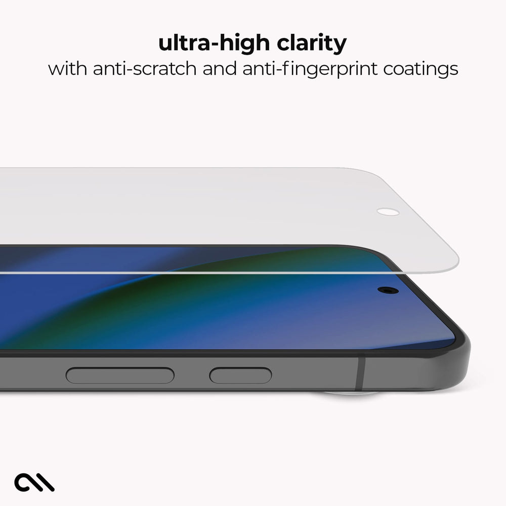 A clear tempered glass screen protector is shown floating above the edge of a smartphone on a light gray background, with text at the top reading 'ultra-high clarity with anti-scratch and anti-fingerprint coatings'.