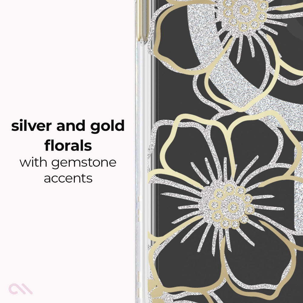 A close-up of a phone case featuring a black background with large silver and gold floral designs, alongside text reading 'silver and gold florals with gemstone accents' on a white background.