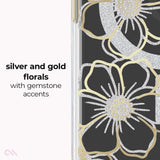 A close-up of a phone case featuring a black background with large silver and gold floral designs, alongside text reading 'silver and gold florals with gemstone accents' on a white background.