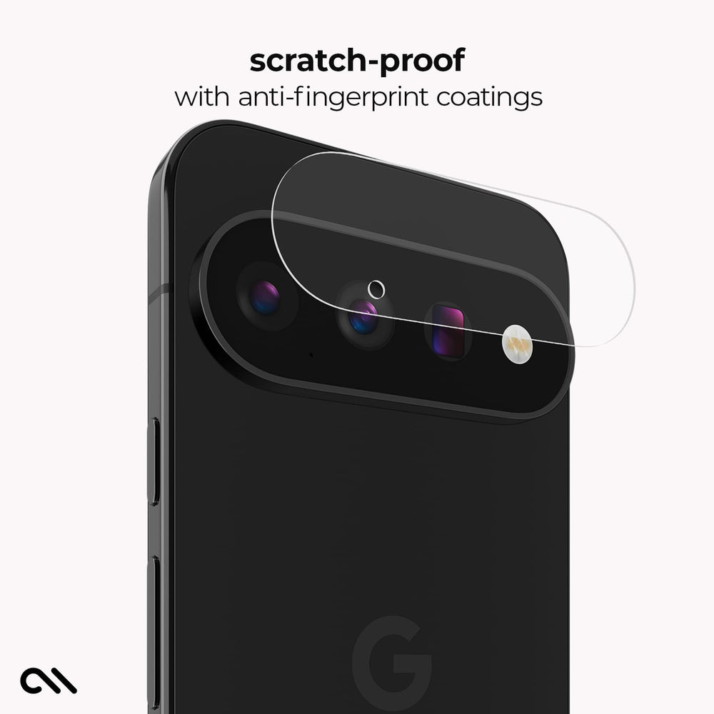 A black smartphone shown from the back with a transparent screen protector overlay near the camera cutout. Text at the top reads 'scratch-proof with anti-fingerprint coatings' on a light gray background.