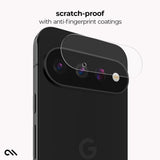 A black smartphone shown from the back with a transparent screen protector overlay near the camera cutout. Text at the top reads 'scratch-proof with anti-fingerprint coatings' on a light gray background.