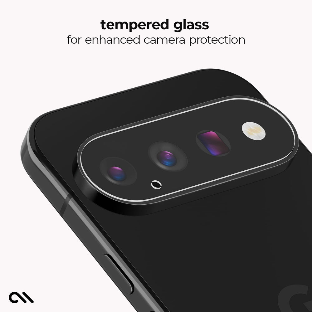 A close-up of a black smartphone showing the back camera area with a clear, rounded rectangular tempered glass protector installed over the lenses. Text at the top reads 'tempered glass for enhanced camera protection' on a light gray background.