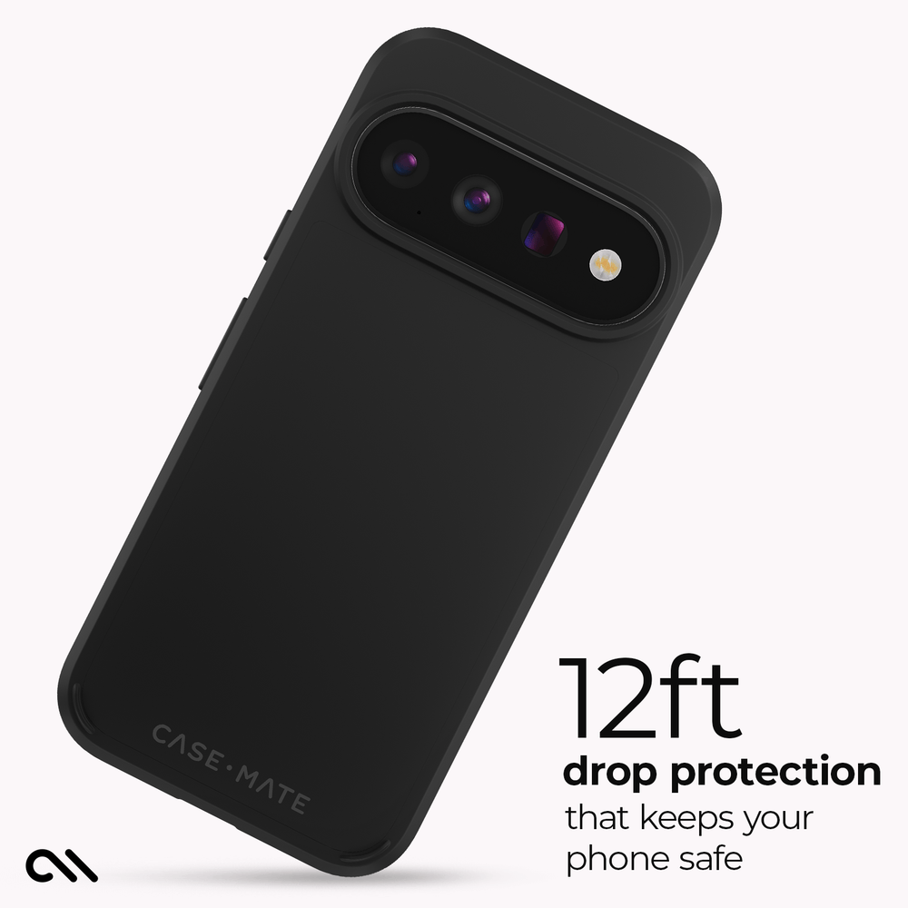 A black CASE-MATE phone case shown at an angle on a light gray background, with text on the right reading '12ft drop protection that keeps your phone safe'.