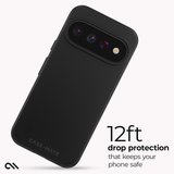 A black CASE-MATE phone case shown at an angle on a light gray background, with text on the right reading '12ft drop protection that keeps your phone safe'.