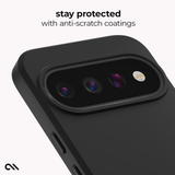 A close-up of a black phone case with a raised camera surround and the text 'stay protected with anti-scratch coatings' above it, on a light gray background.