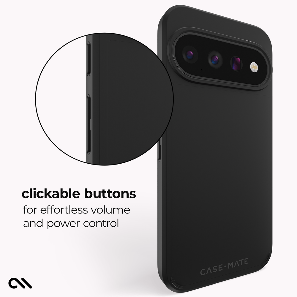 Black Case-Mate phone case with a circular inset showing the side button area, with text reading 'clickable buttons for effortless volume and power control' on a light gray background.