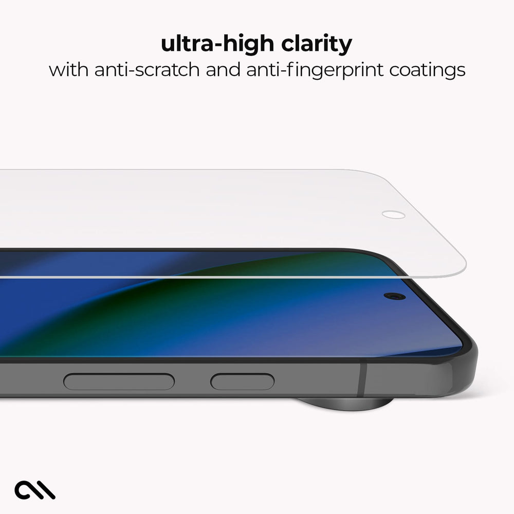 A clear tempered glass screen protector is shown floating above the edge of a smartphone on a light gray background, with text reading 'ultra-high clarity with anti-scratch and anti-fingerprint coatings.'.