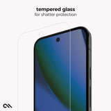 A clear tempered glass screen protector shown floating beside a smartphone on a light gray background, with the text 'tempered glass for shatter protection' above it.