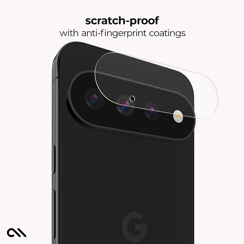 A black smartphone shown from the back with a transparent screen protector overlay near the camera cutout. Text at the top reads 'scratch-proof with anti-fingerprint coatings' on a light gray background.
