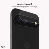 A black smartphone shown from the back with a transparent screen protector overlay near the camera cutout. Text at the top reads 'scratch-proof with anti-fingerprint coatings' on a light gray background.