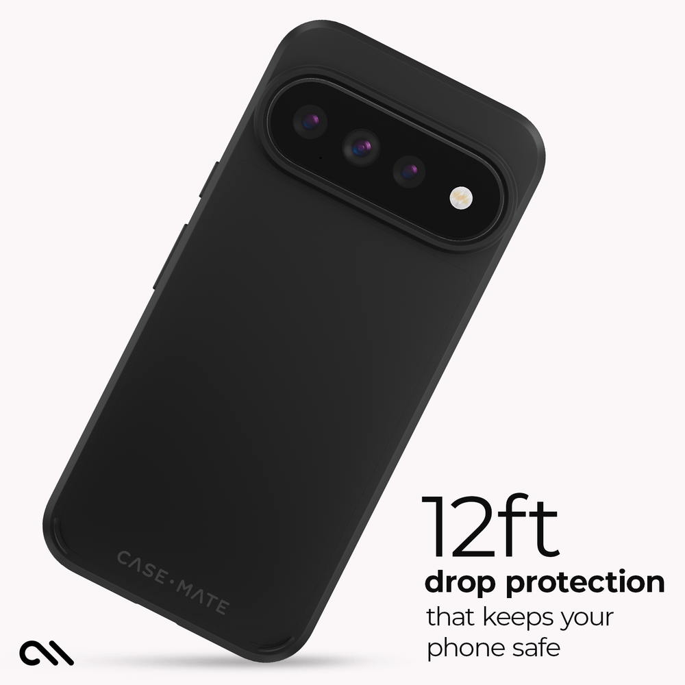 A black CASE-MATE phone case shown at an angle on a light gray background, with text on the right reading '12ft drop protection that keeps your phone safe'.