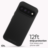 A black CASE-MATE phone case shown at an angle on a light gray background, with text on the right reading '12ft drop protection that keeps your phone safe'.