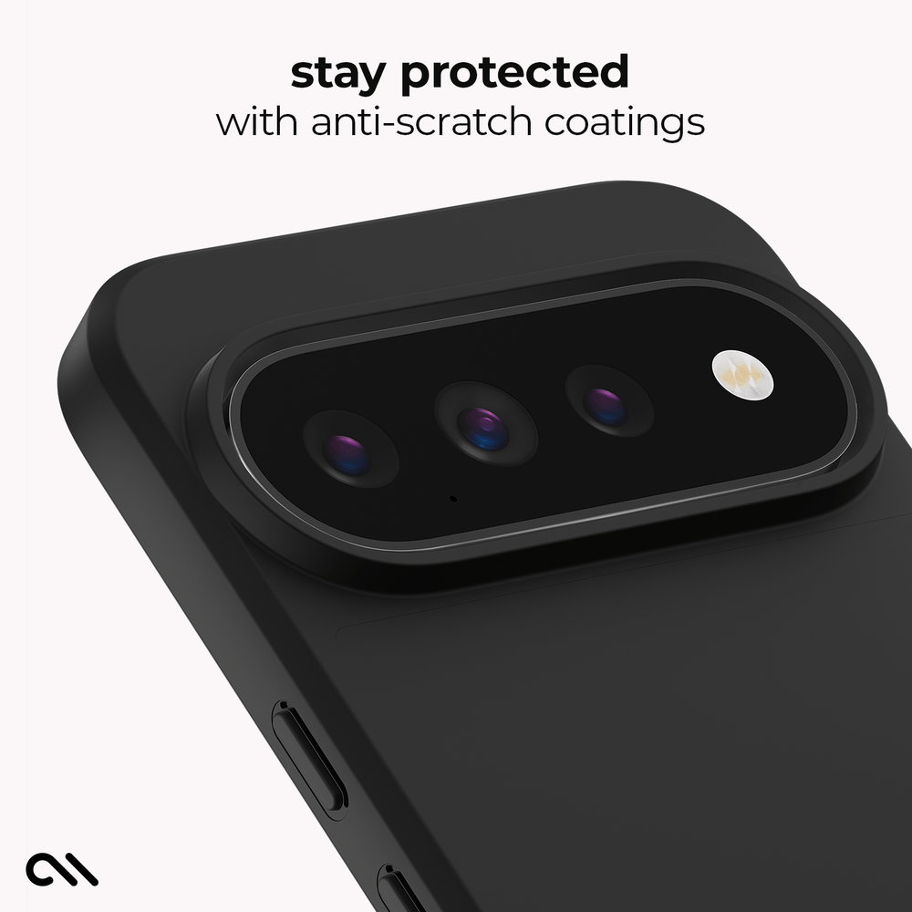 A close-up of a black phone case with a raised camera bumper and three camera lenses, shown on a light gray background with the text 'stay protected with anti-scratch coatings' and a small logo in the lower left corner.
