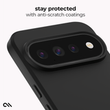 A close-up of a black phone case with a raised camera bumper and three camera lenses, shown on a light gray background with the text 'stay protected with anti-scratch coatings' and a small logo in the lower left corner.