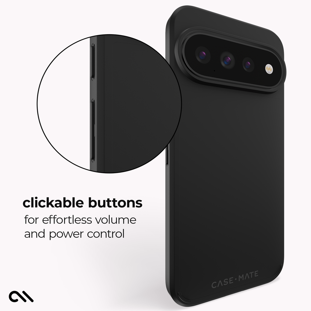 Black CASE-MATE phone case shown on a light gray background with a circular inset highlighting a clickable button detail and text reading 'clickable buttons for effortless volume and power control'.