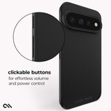 Black CASE-MATE phone case shown on a light gray background with a circular inset highlighting a clickable button detail and text reading 'clickable buttons for effortless volume and power control'.