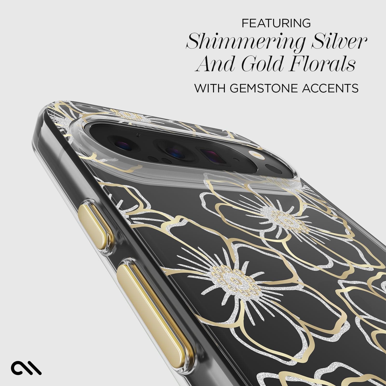 Featuring shimmering silver and gold florals with gemstone accents