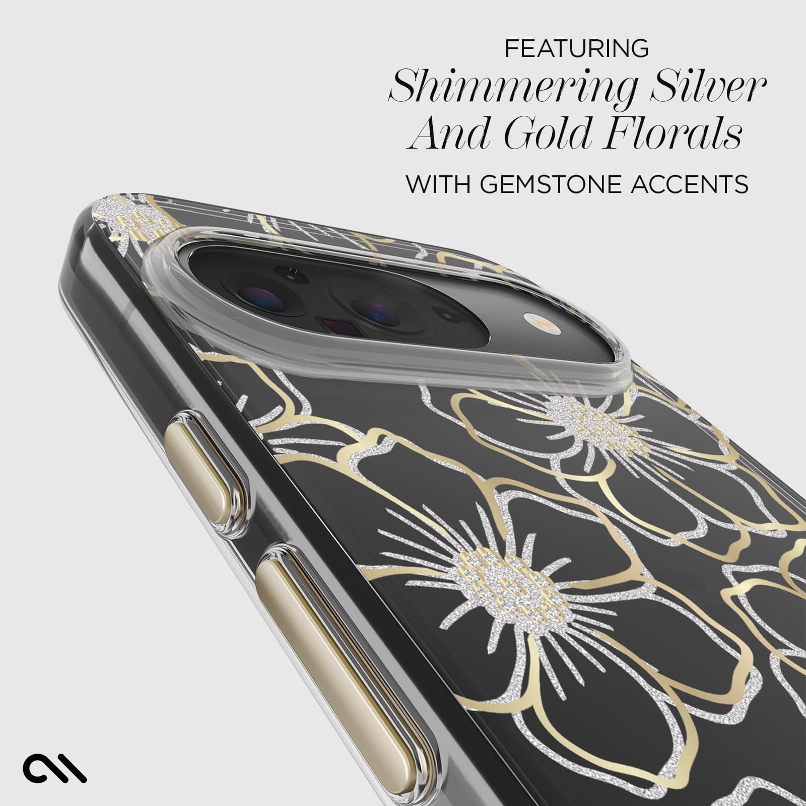 Featuring shimmering silver and gold florals with gemstone accents.