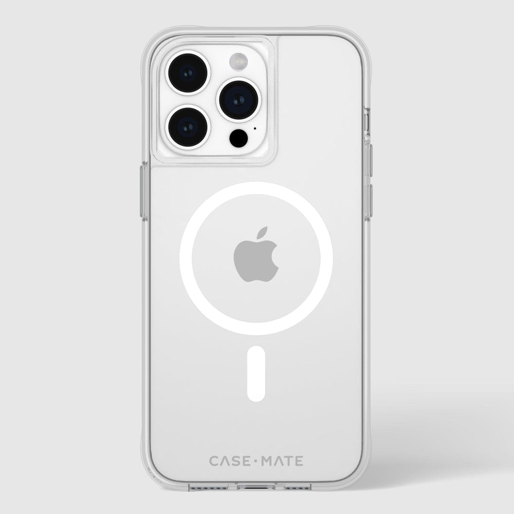 Clear protective case for iPhone 15 Pro Max with white MagSafe ring and Case-Mate branding on back.