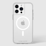 Clear protective case for iPhone 15 Pro Max with white MagSafe ring and Case-Mate branding on back.