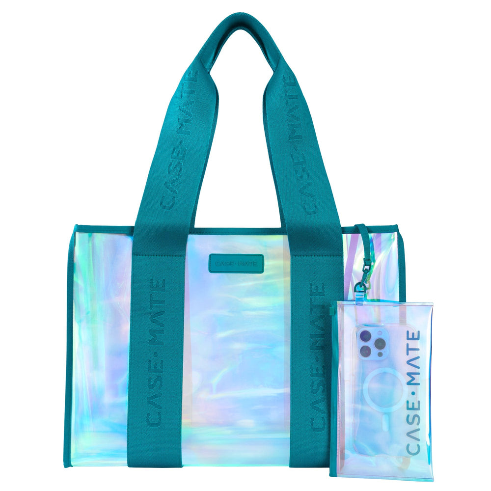 Emerald Soap Bubble jelly tote bag with iridescent pattern and matching phone case on a white background #color_emerald blue iridescent