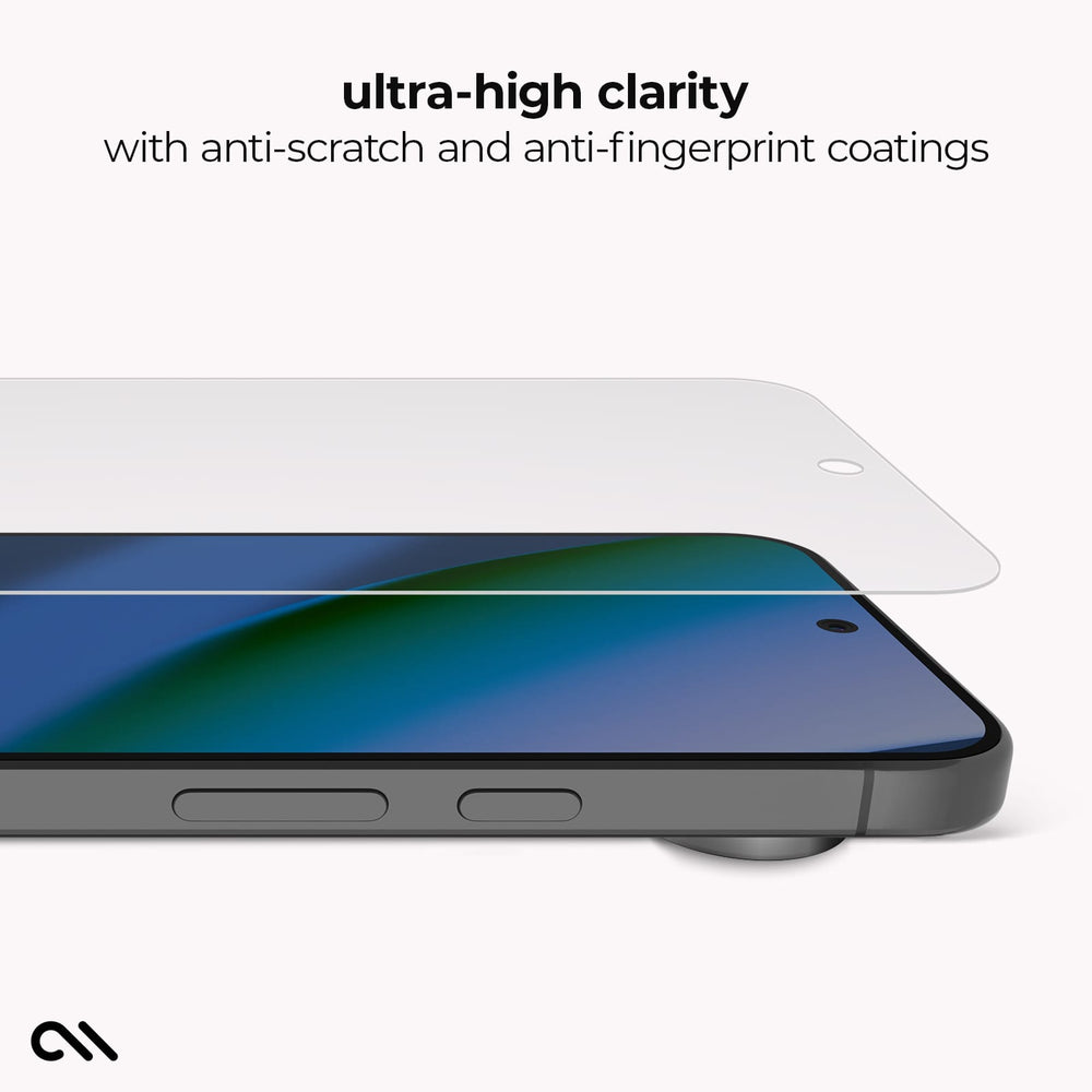 A clear tempered glass screen protector is shown hovering above the edge of a smartphone on a clean white background, with text at the top reading 'ultra-high clarity with anti-scratch and anti-fingerprint coatings'.