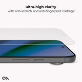 A clear tempered glass screen protector is shown hovering above the edge of a smartphone on a clean white background, with text at the top reading 'ultra-high clarity with anti-scratch and anti-fingerprint coatings'.