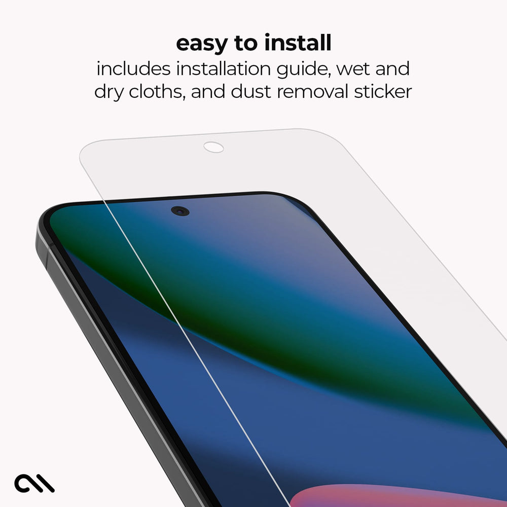 A clear tempered glass screen protector is shown partially applied to the corner of a smartphone, with marketing text above reading 'easy to install' and 'includes installation guide, wet and dry cloths, and dust removal sticker.' No person, animal, or real environment is present, so this is Product/Packaging rather than Lifestyle.