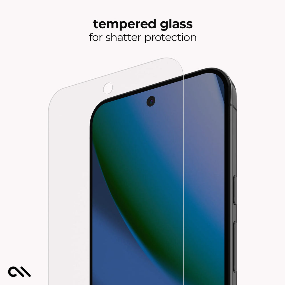 A clear tempered glass screen protector shown partially detached from a smartphone, with the text 'tempered glass for shatter protection' above it on a light gray background.