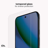 A clear tempered glass screen protector shown partially detached from a smartphone, with the text 'tempered glass for shatter protection' above it on a light gray background.