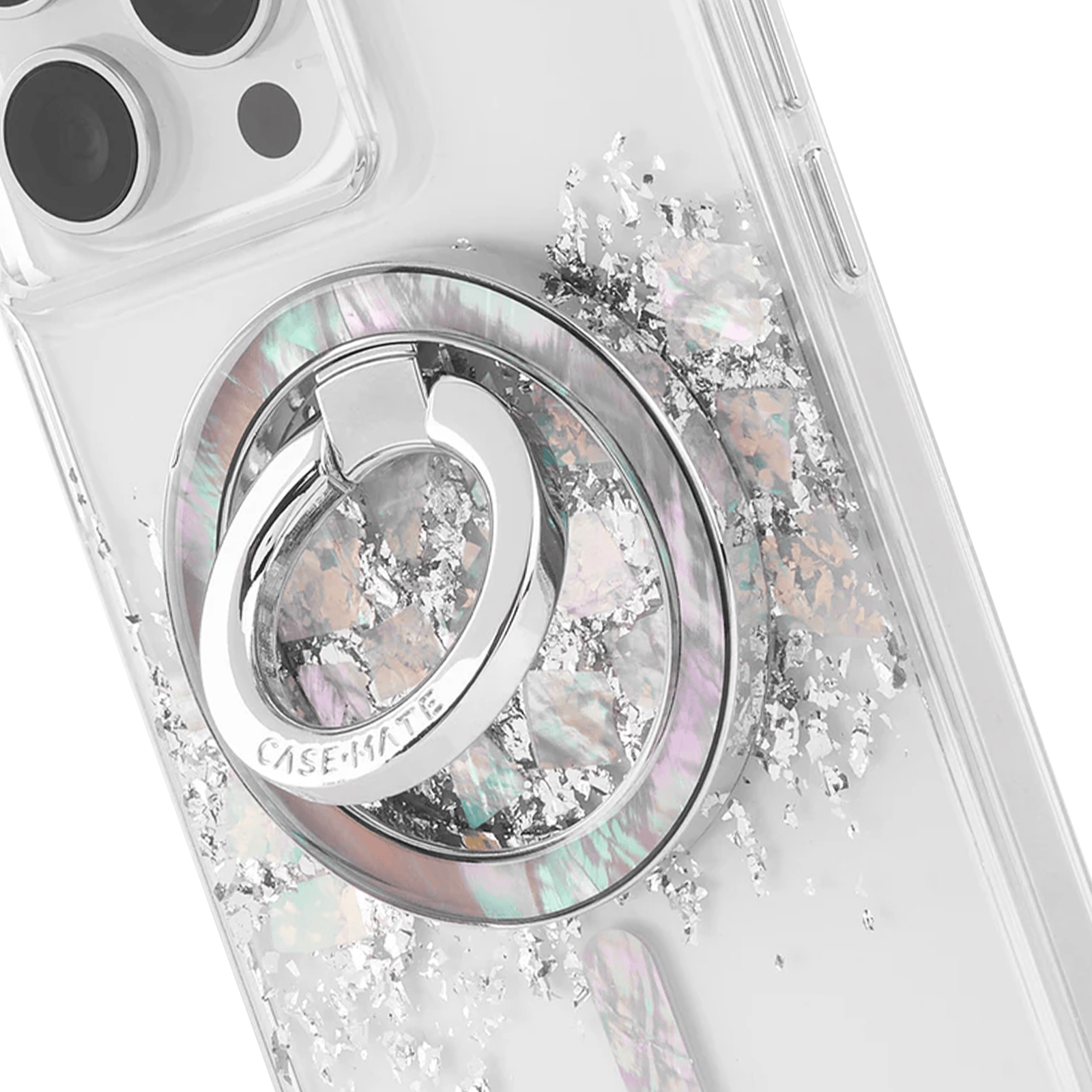 Phone case with ring holder and glittery design on a white background
#color_mother of pearl