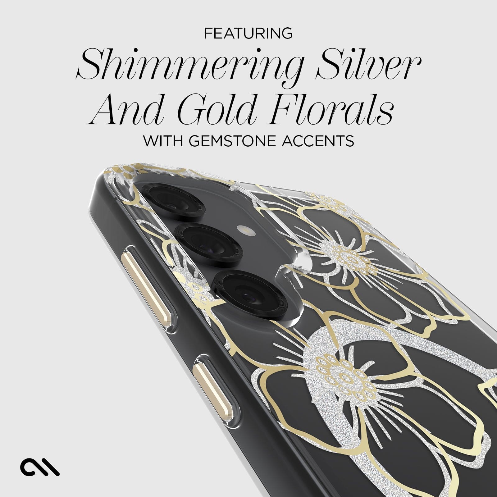 FEATURING SHIMMERING SILVER AND FGOLD FLORALS WITH GEMSTONE ACCENTS