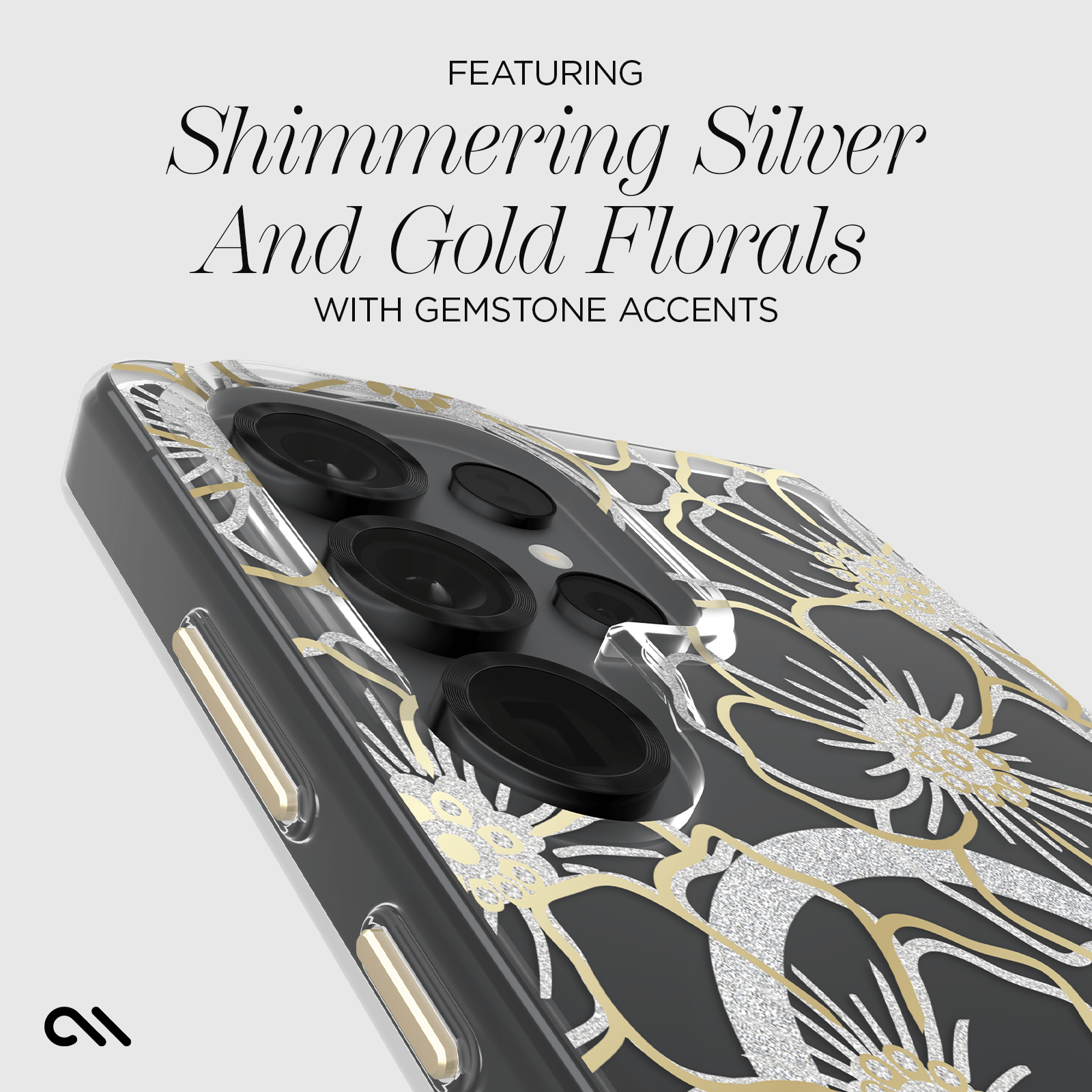 FEATURING SHIMMERING SILVER AND GOLD FLORALS WITH GEMSTONE ACCENTS