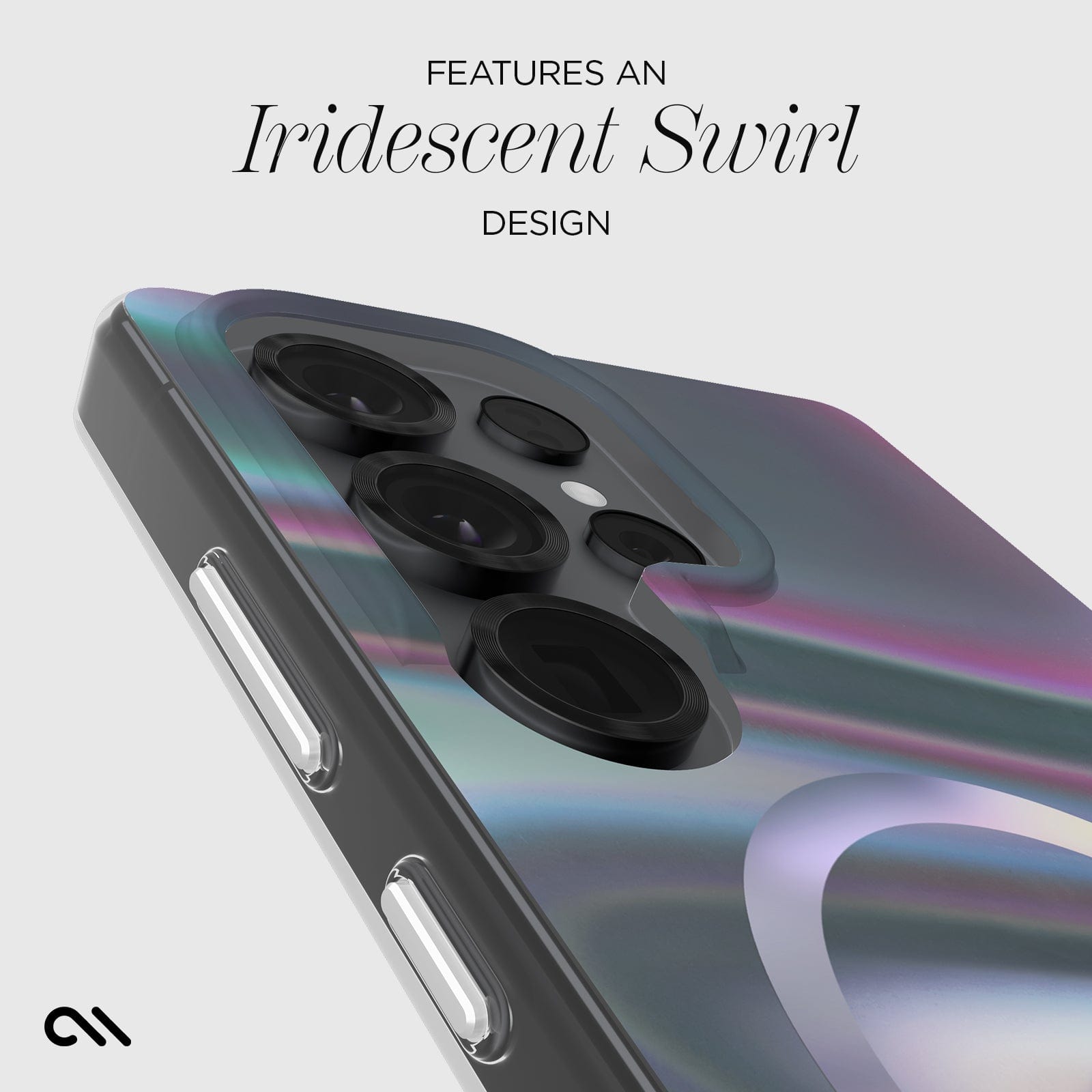 FEATURES AN IRIDESCENT SWIRL DESIGN