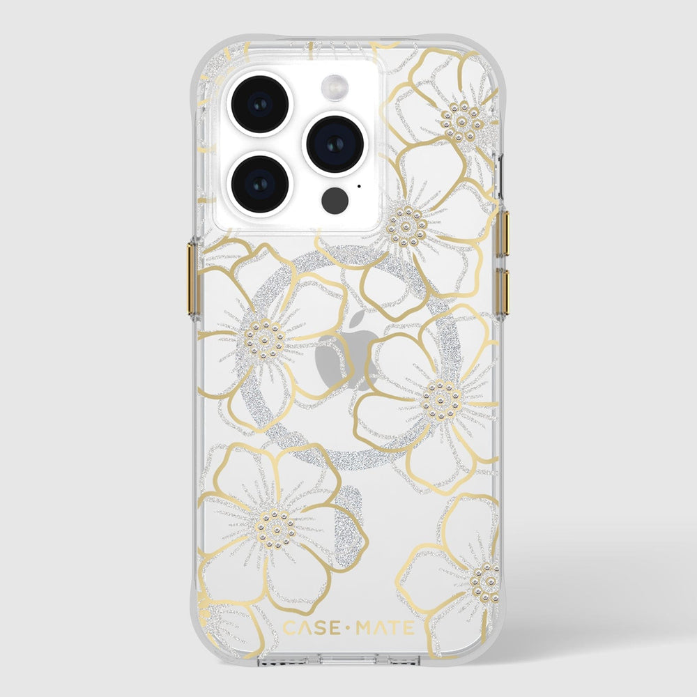 Clear iPhone 15 Pro case with gold and silver floral outline designs and pearl-embellished flower centers.