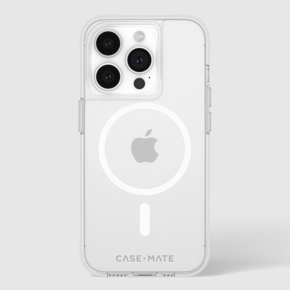 Clear protective case for iPhone 15 Pro with white MagSafe ring and Case-Mate branding.