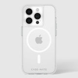 Clear protective case for iPhone 15 Pro with white MagSafe ring and Case-Mate branding.